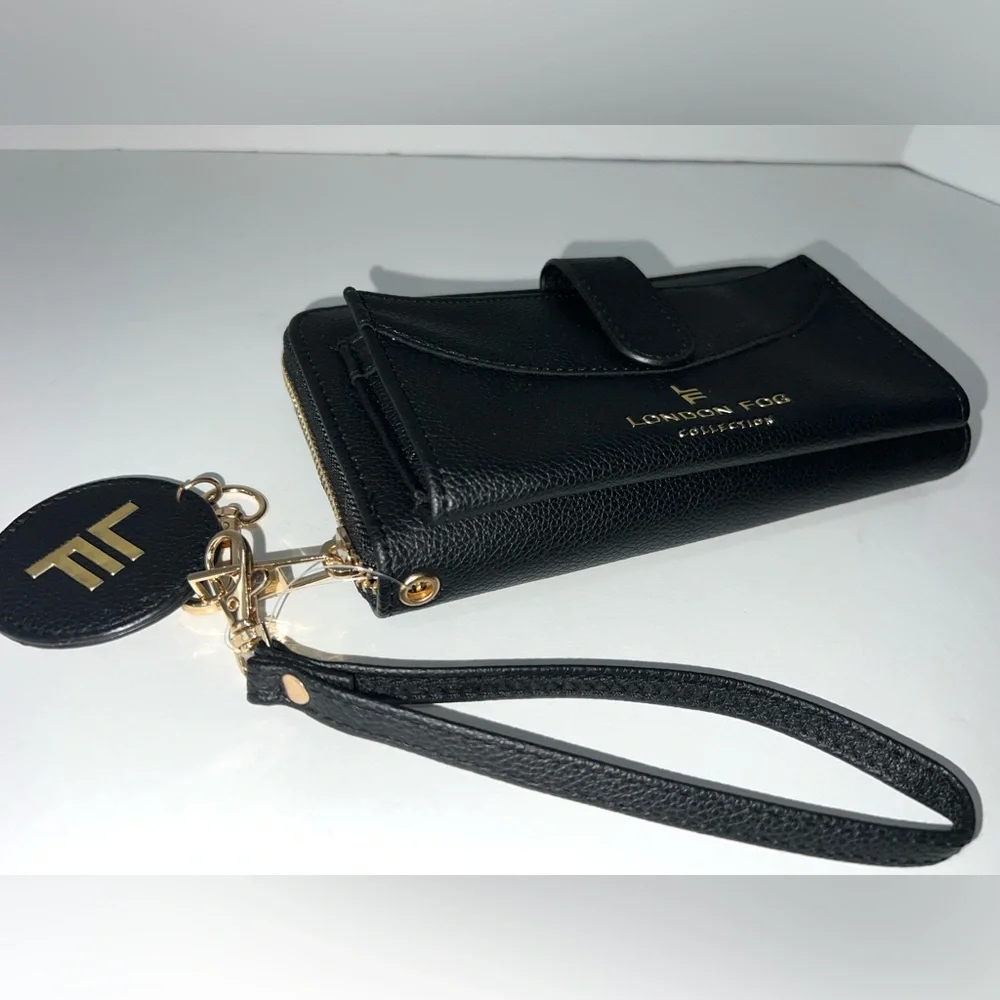 London Fog Black Felicity Pebble Zip Around Wristlet Wristlet with mirror‎